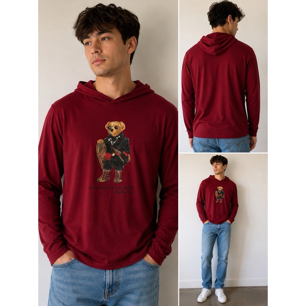 Polo Ralph Lauren Polo Bear Hooded Long Sleeve T Shirt Burgundy Red Size L